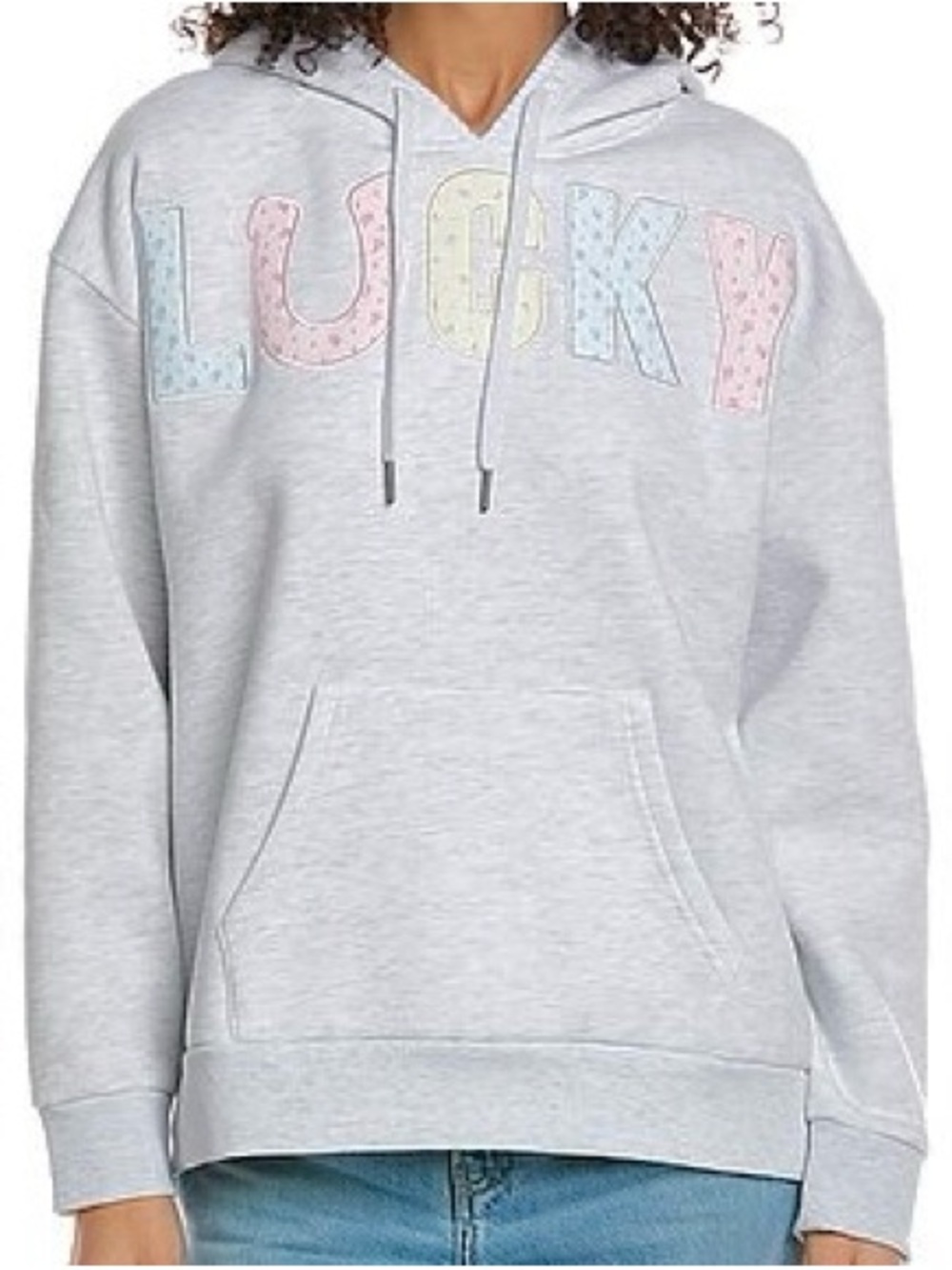 Vintage Havana Light Gray LUCKY Appliqué Hoodie with Pastel Floral Letters